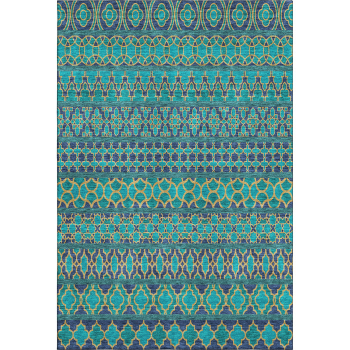 10' X 14' Ikat Washable Area Rug With UV Protection - Teal And Gold