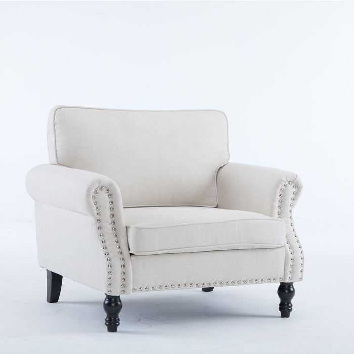 Giga rolled arm stationary sofa with nailhead trim, single-seater upholstered couch with wooden legs and plush cushioning.