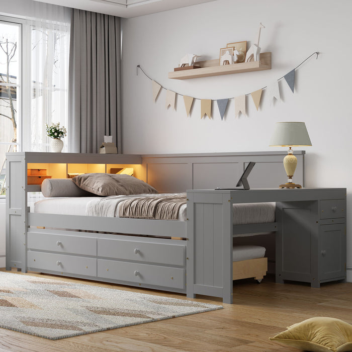 Giga daybed with storage shelves, drawers, trundle, charging station, LED light, desk, and cabinet in a modern bedroom setting.