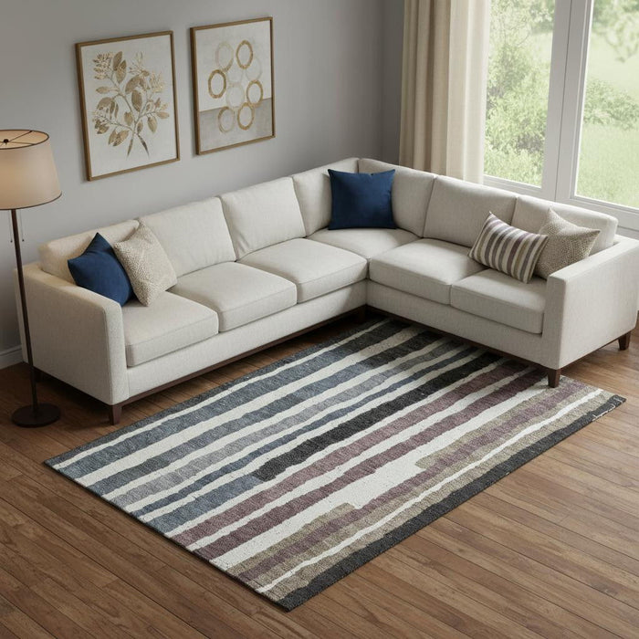 10' X 14' Striped Washable Area Rug With UV Protection (709492) - Denim Blue / Ivory / Taupe