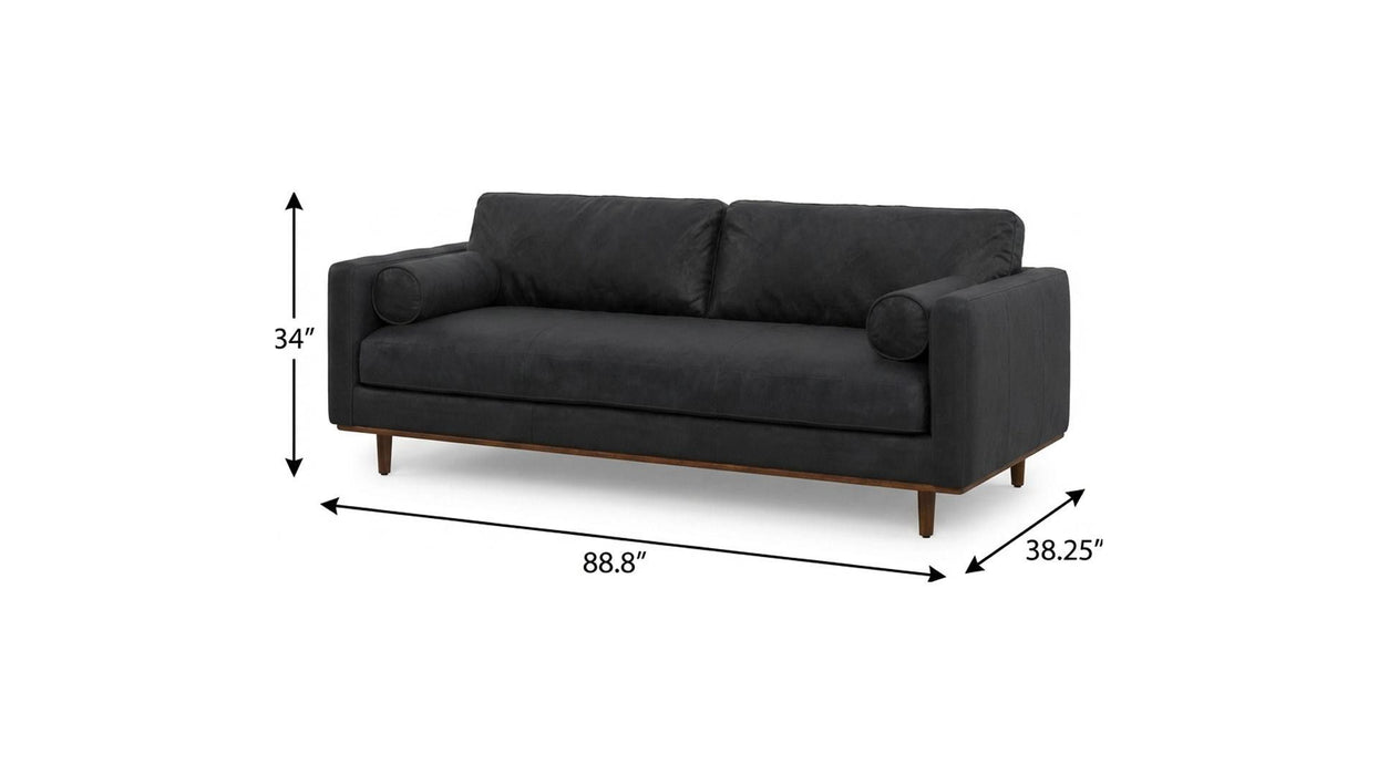 89" Leather Sofa With Brown Legs - Black