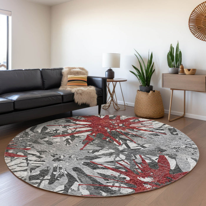 8' Abstract Washable Round Rug With UV Protection - Red