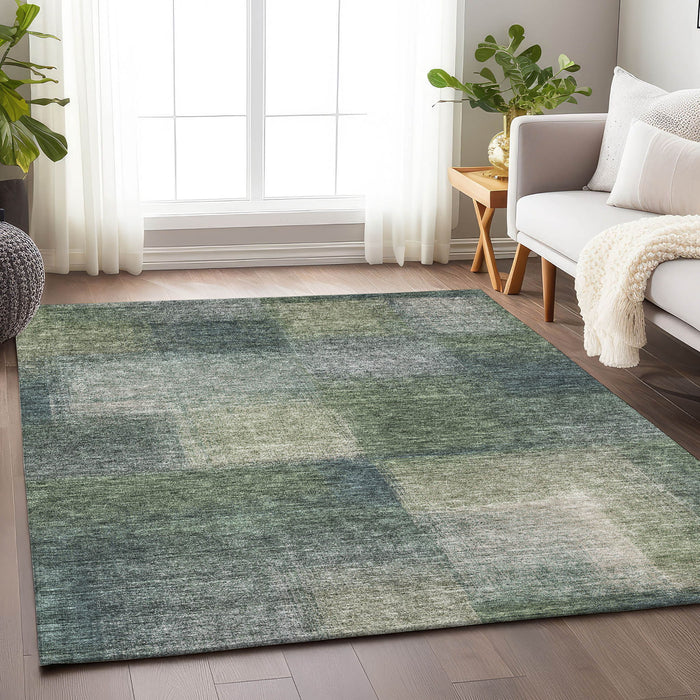 10' X 14' Abstract Washable Area Rug Polyester With UV Protection - Olive Green / Gray
