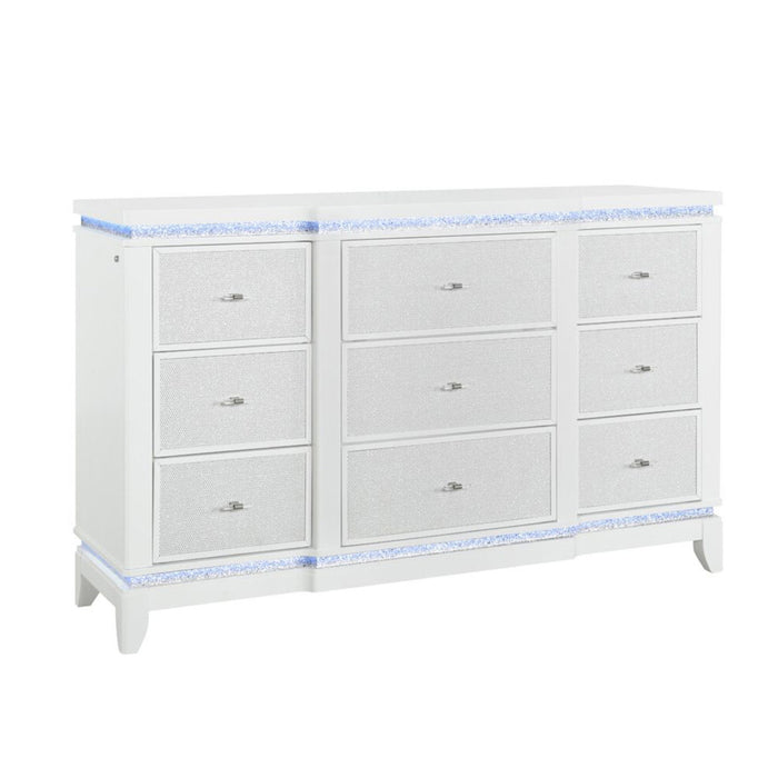 62" Faux Crystal Glitter Wood Lighted Nine Drawer Triple Dresser - White