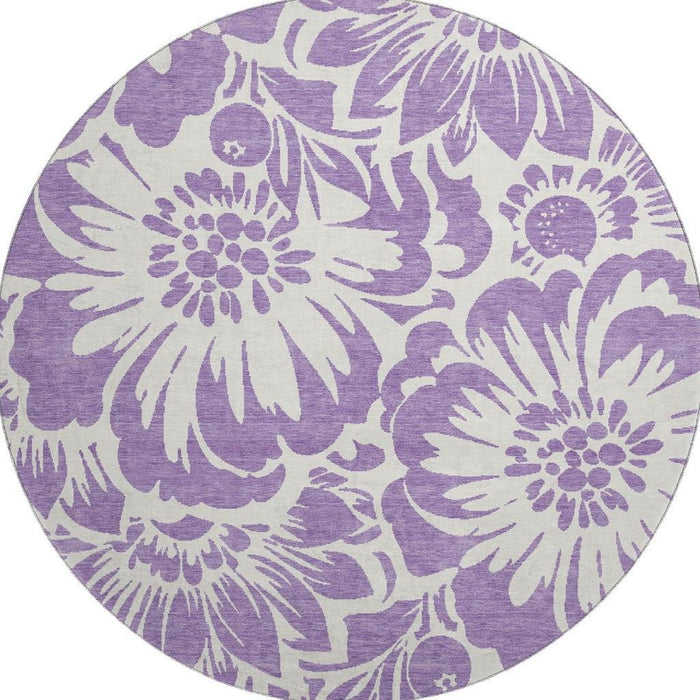 8' Floral Washable Round Rug With UV Protection (648691) - Purple / Ivory