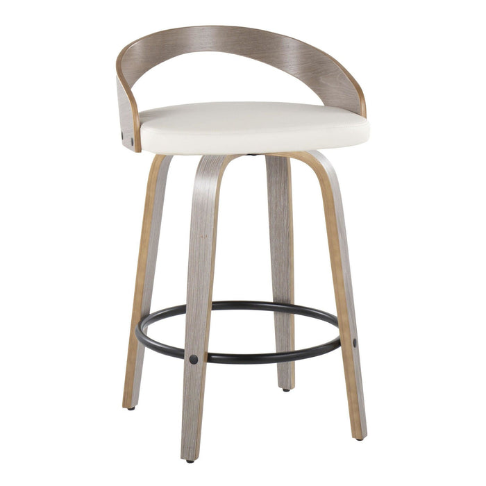 Grotto - Fixed-Height Counter Stool (Set of 2) - Light Gray Wood, White Faux Leather, Black Metal