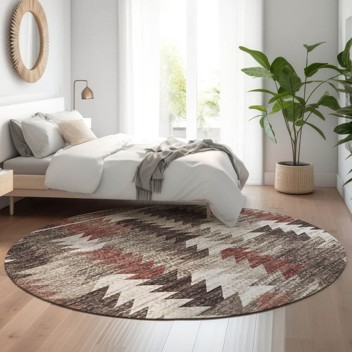8' Southwestern Washable Round Rug With UV Protection - Chocolate