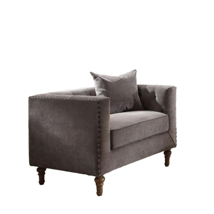 Velvet Tufted Arm Chair And Toss Pillow - Gray And Brown