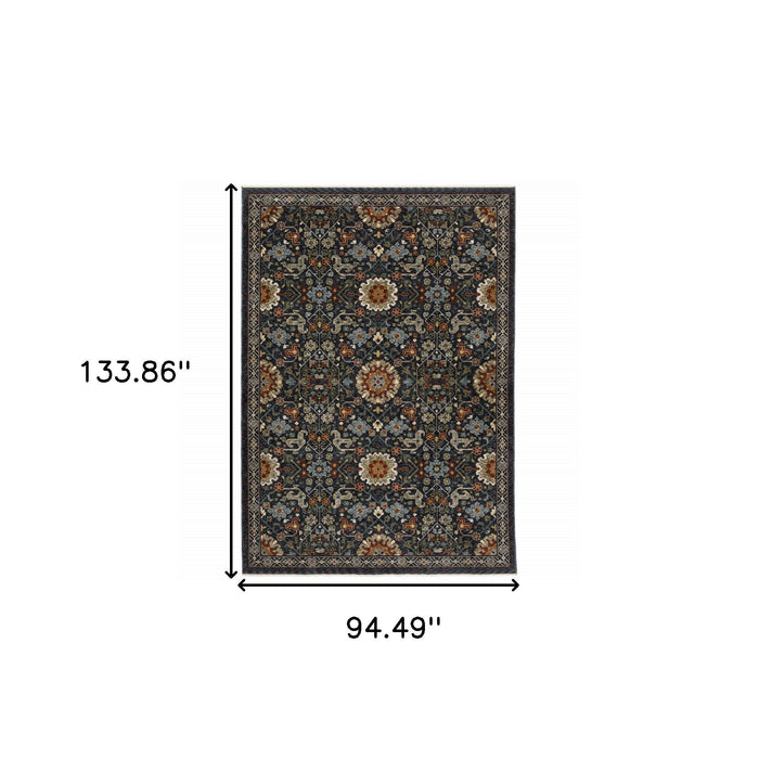 7.9' x 11.2' Oriental Power Loom Area Rug With Fringe - Blue And Ivory