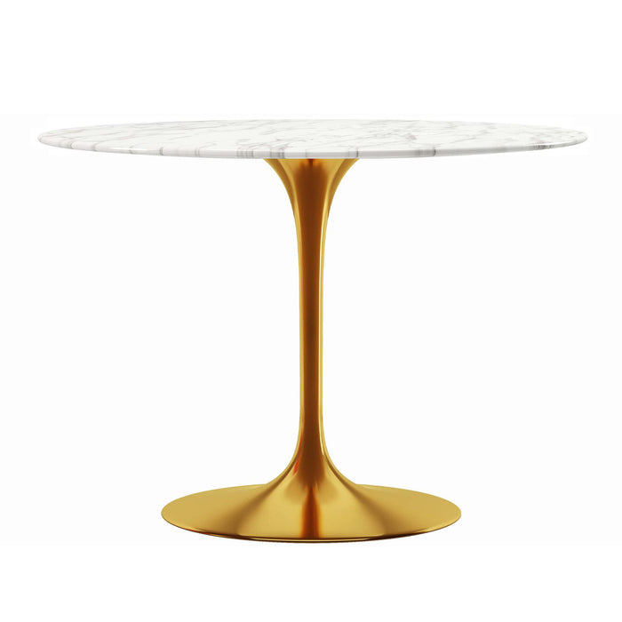 40" Rounded Marble And Metal Pedestal Base Dining Table - Gold