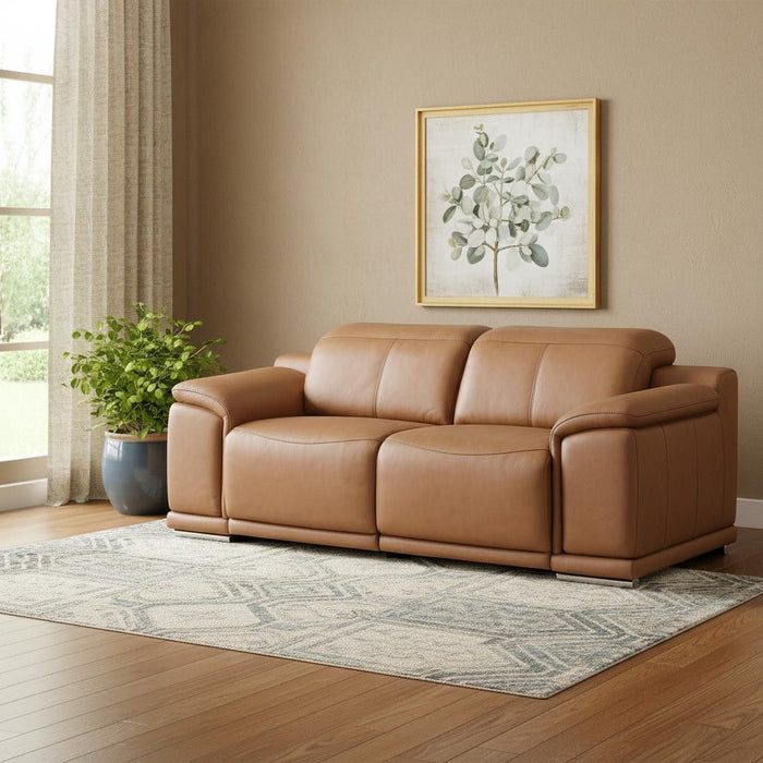 Italian Leather Power Reclining Loveseat With Storage - Chestnut / Silver