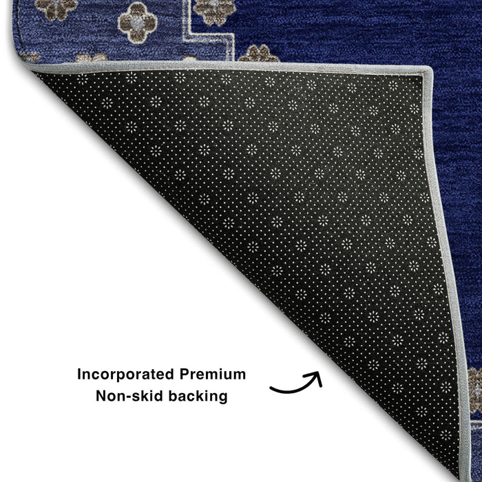 10' X 14' Oriental Washable Area Rug With UV Protection (679588) - Navy Blue / Ivory / Gray
