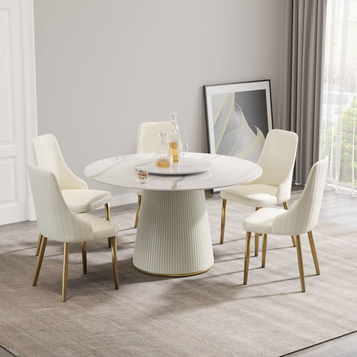 Giga modern artificial stone round plywood base dining table with white/beige finish, seating 6, with artificial stone turntable.