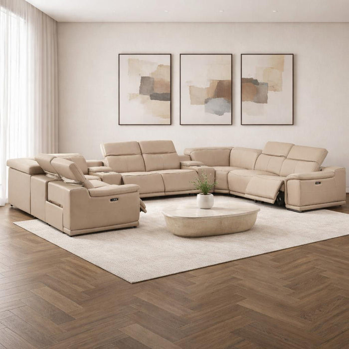 Leather Modular U Shaped Ten Piece Corner Sectional With Console - Beige