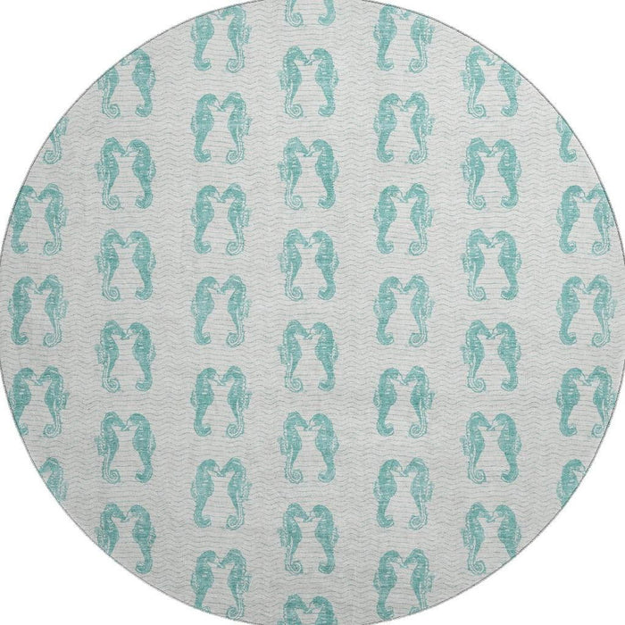 8' Geometric Washable Round Rug With UV Protection - Aqua / Ivory