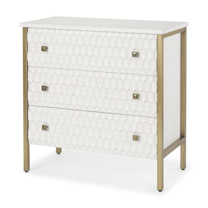 Wood and metal accent cabinet with geometric carvings, three drawers, in gold and white finish, by HomeRoots.