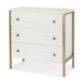 Wood and metal accent cabinet with geometric carvings, three drawers, in gold and white finish, by HomeRoots.