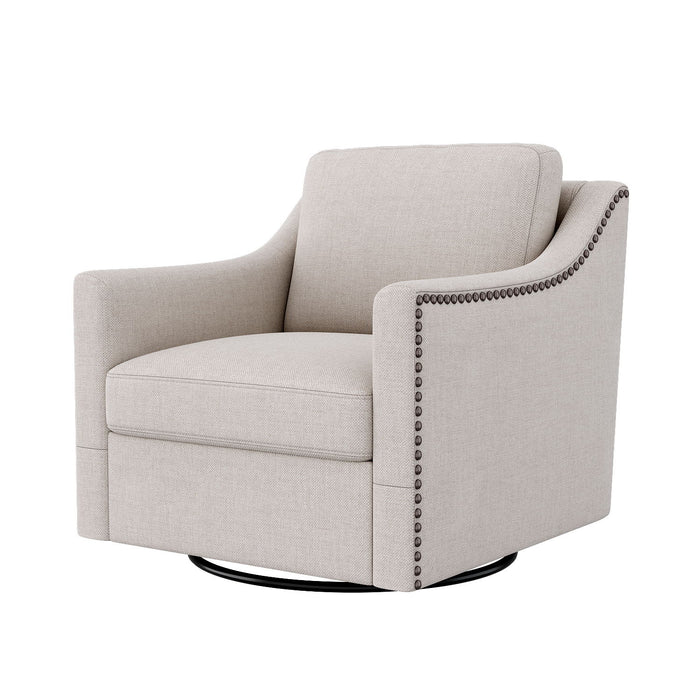 Giga 360-degree swivel armchair with skin-friendly fabric, ergonomic design, brass nail accents, modern lounge seating