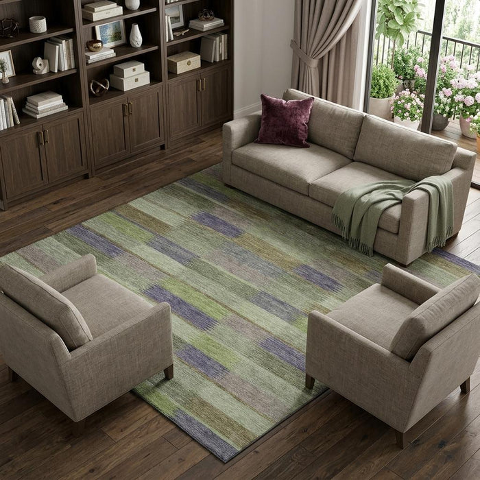 10' X 14' Striped Washable Area Rug With UV Protection (695300) - Artichoke Green / Purple / Taupe
