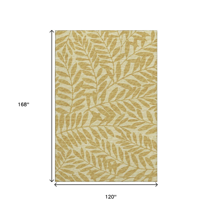 10' X 14' Botanical Leaves Washable Area Rug With UV Protection (644856) - Gold / Ivory