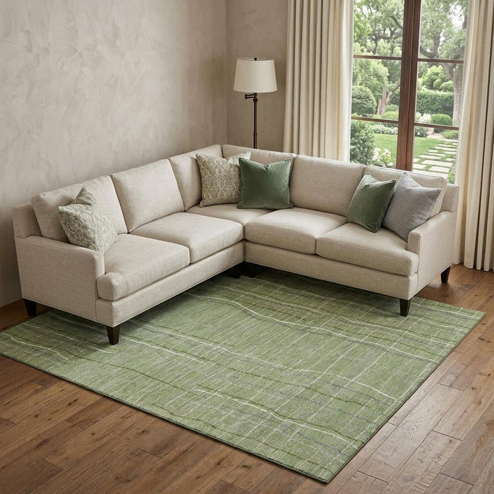 10' X 14' Striped Washable Area Rug With UV Protection (678544) - Green / Ivory / Gray