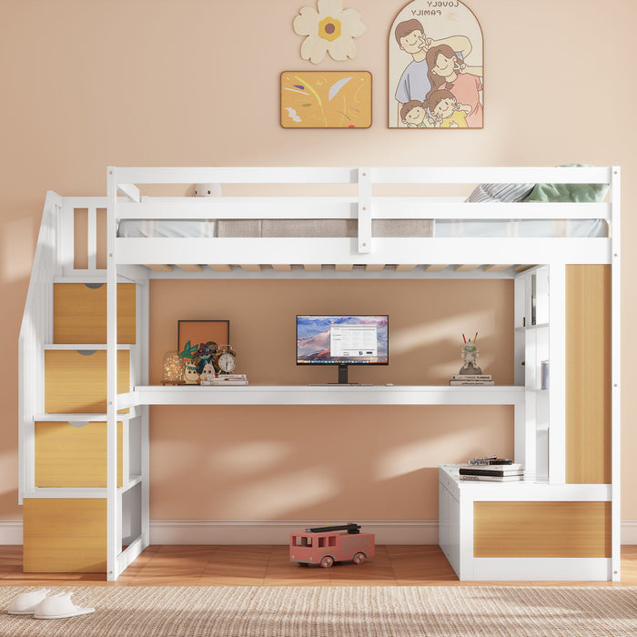 Giga full size loft bed with desk, shelves, built-in drawers, and storage staircase in natural and white finish
