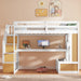 Giga full size loft bed with desk, shelves, built-in drawers, and storage staircase in natural and white finish