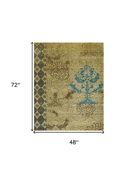 4' x 6' Floral Hand Knotted Area Rug - Tan Blue And Brown