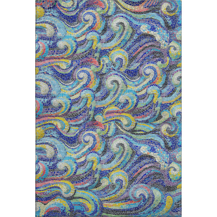 10' X 14' Geometric Washable Area Rug With UV Protection (646193) - Pacific Blue / Ivory / Yellow