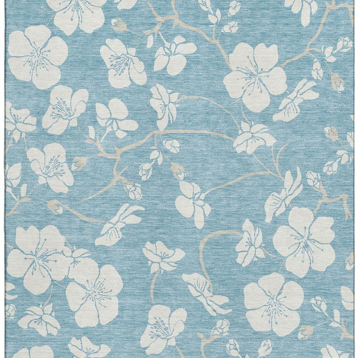 10' X 14' Floral Washable Area Rug With UV Protection (681077) - Sky Blue / Ivory