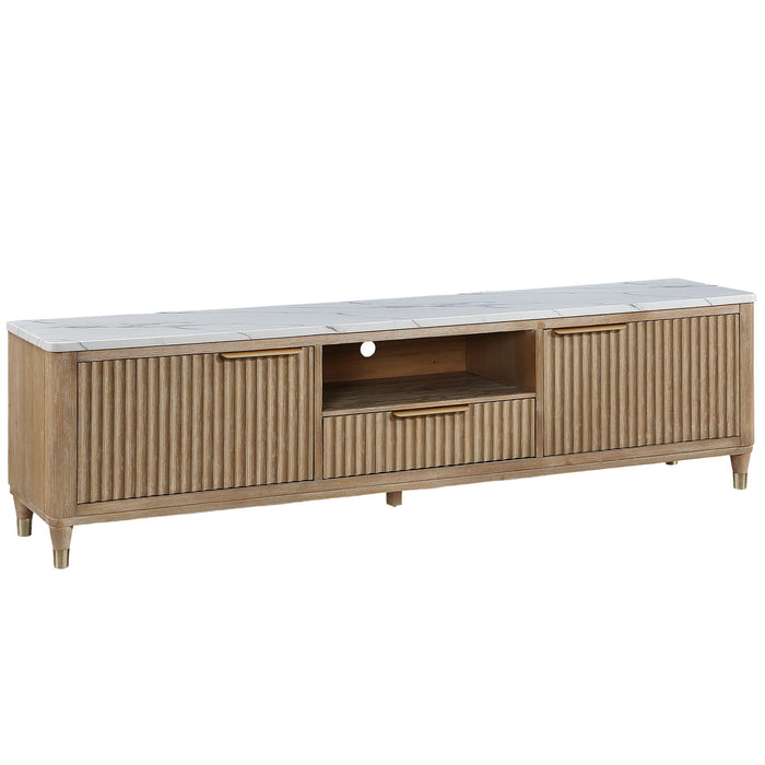 Giga fluted TV stand with natural wood finish and white accents, modern design with sleek, textured surface and storage compartments.