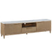 Giga fluted TV stand with natural wood finish and white accents, modern design with sleek, textured surface and storage compartments.