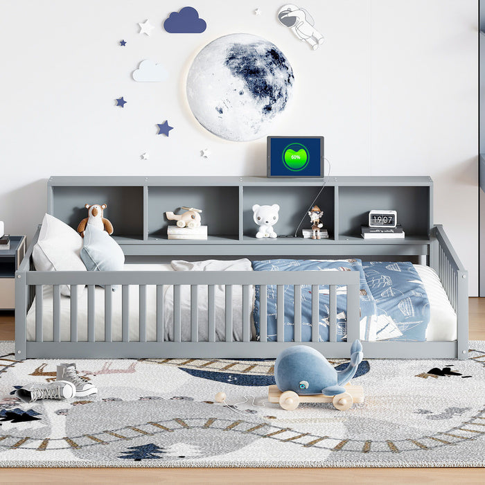 Gray Giga twin long platform floor bed with built-in storage cabinets and USB ports, shown with a modern design and mattress.