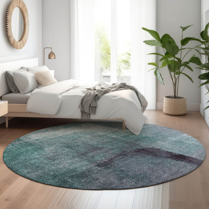 8' Abstract Washable Round Rug With UV Protection - Teal And Purple