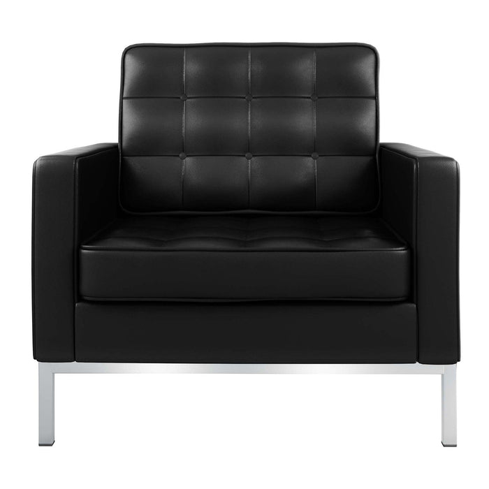Italian Leather Tufted Arm Chair - Black And Silver