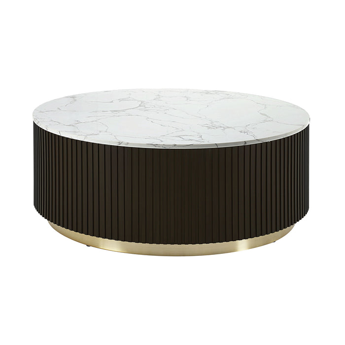 Faux Marble Solid Wood And Steel Round Drum Coffee Table - White / Espresso / Gold