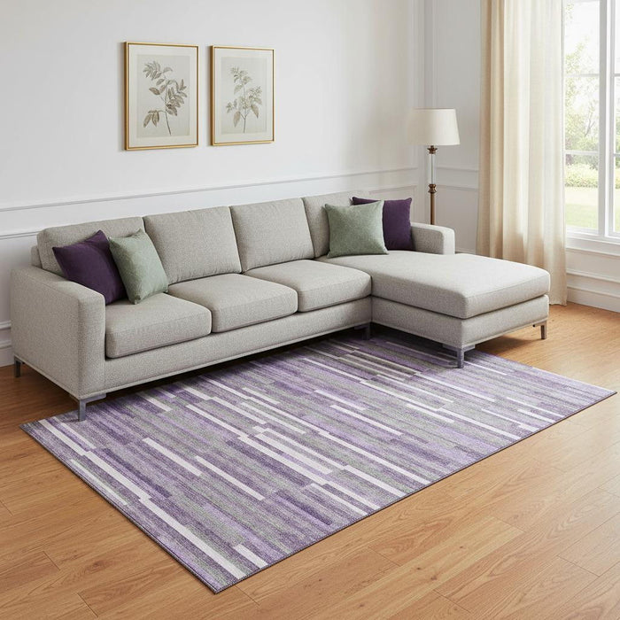 10' X 14' Striped Washable Area Rug With UV Protection (671090) - Purple / Ivory / Gray