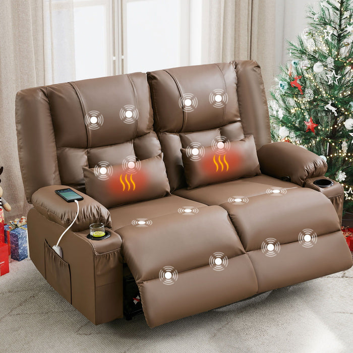 Faux Leather Manual Reclining Loveseat With Storage Toss Pillows - Brown