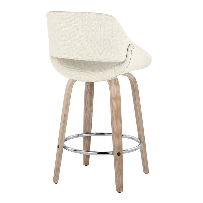 Fabrizzi - 26" Fixed-Height Counter Stool With Swivel And Round Chrome Metal Footrest (Set of 2) - White Washed Wood And Cream Noise Fabric