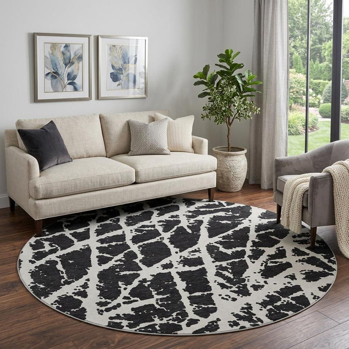 8' Abstract Washable Round Rug With UV Protection (646521) - Black / Ivory
