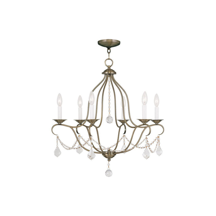 26-inch six-light dimmable chandelier with fabric shades in antiqued brass finish, featuring elegant chandelier design by HomeRoots