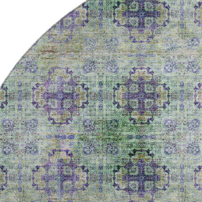 8' Floral Medallion Distressed Washable Round Rug With UV Protection (648943) - Purple / Green / Ivory