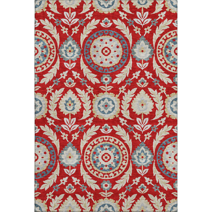 9' X 12' Floral Washable Area Rug With UV Protection - Red