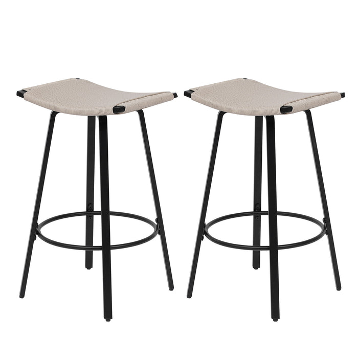 Set of 2 Giga counter height backless bar stools with handwoven cream white seats and round footrests, ideal for kitchen or dining areas.