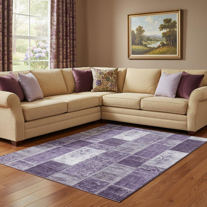 10' X 14' Patchwork Washable Area Rug With UV Protection (652953) - Purple / Ivory