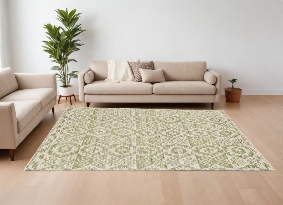 6' x 9' Wool Southwestern Hand Knotted Area Rug - Green And Ivory