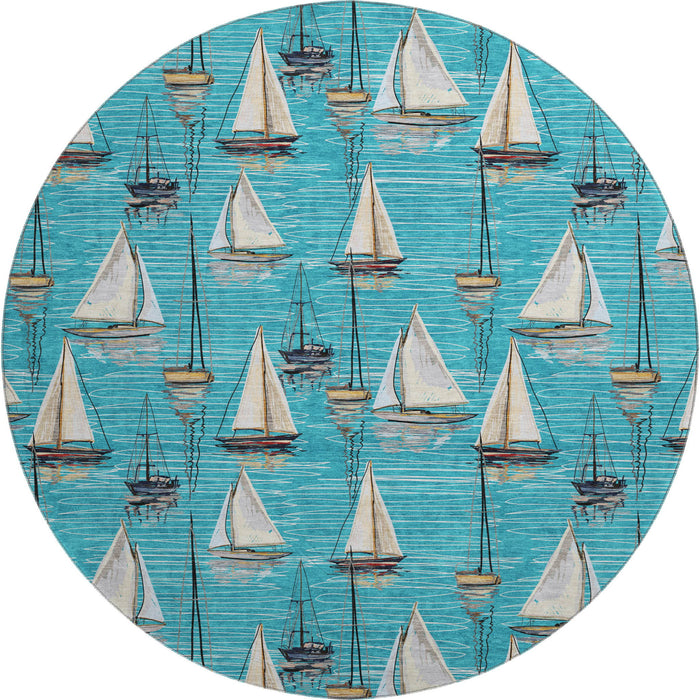 8' Nautical Washable Round Rug With UV Protection - Teal Blue