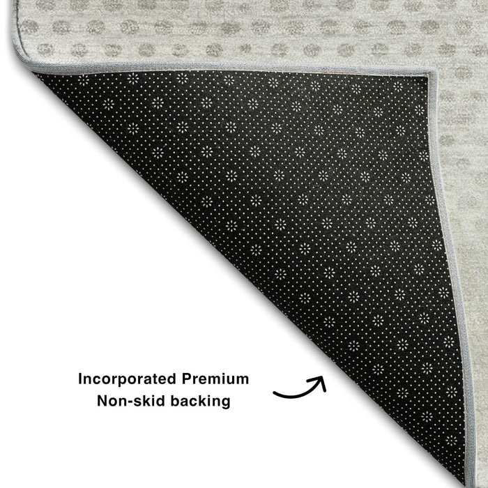 8' Geometric Washable Round Rug With UV Protection (648193) - Ivory / Silver