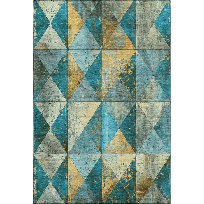 10' X 14' Geometric Washable Area Rug With UV Protection (699106) - Teal / Gold / Ivory