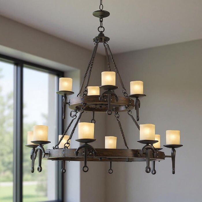 Twelve Light Resin Dimmable Chandelier With Shades - Bronze